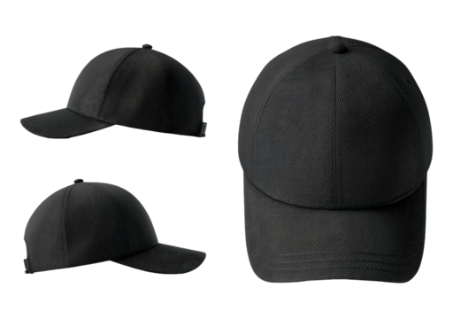 Black baseball cap front and side views on transparent background, PNG