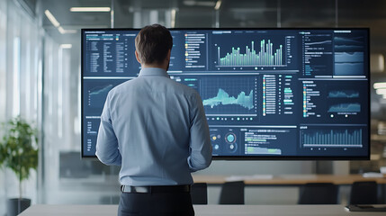 A corporate data management expert analyzing real-time financial and business data on a large digital screen, showcasing market trends, analytics, and strategic insights in a modern office