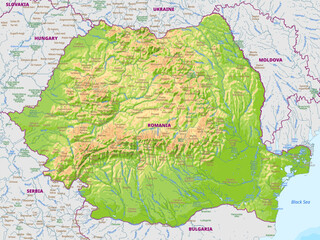 Detailed physical map of Romania
