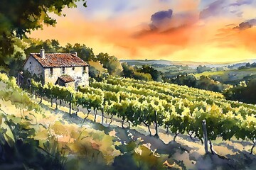 A rural stone house nestled within a vineyard at sunset. Picturesque landscape with grapevines and warm evening light