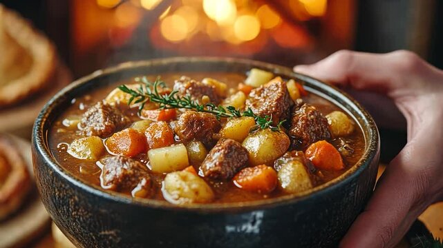 Hearty beef stew in a dark bowl, steaming, with vegetables and herbs, held by a hand, against a warm fireplace background