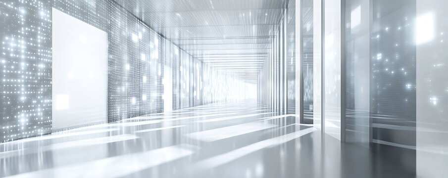Abstract modern architectural tunnel interior. Empty bright data server room or corridor. Digital light tunnel. Data center, smart building background