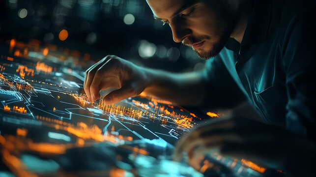 A logistics professional utilizing a digital interface to analyze complex data, representing supply chain management, real-time tracking, and futuristic operational efficiency