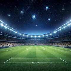 Fototapeta premium A digital illustration of a large, illuminated soccer stadium at night, with a clear view of the green field and glowing stars in the dark blue sky.