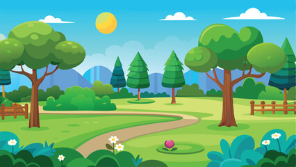 Obraz premium Cartoon Landscape with Winding Path, Trees, Mountains, Flowers, and a Bright Sun