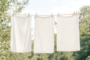 Freshly laundered towels hang suspended on a line, drying in the summer breeze under the warm sunshine in a tranquil outdoor setting.