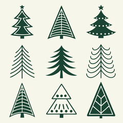 Obraz premium Collection of minimalist green christmas tree illustrations and festive holiday design elements