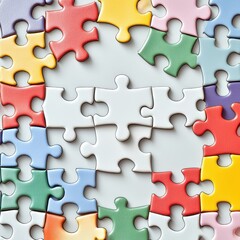 A group of colorful puzzle pieces arranged in a circle