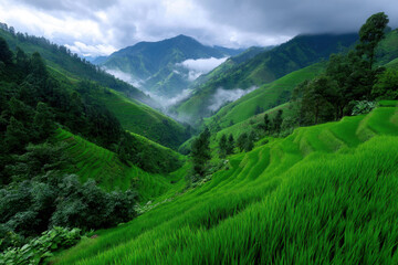 Obraz premium Lush green rice terraces with misty mountains in a serene valley during midday