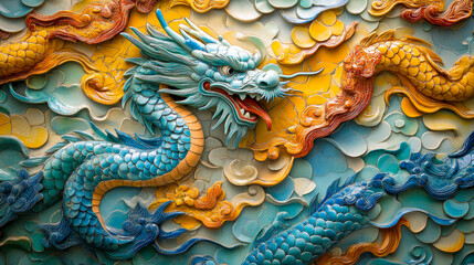 Fototapeta premium Colorful dragon sculpture surrounded by swirling clouds in relief 