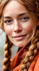 Close-up portrait of young woman with braids wearing warm scarf in autumn light. Concept of seasonal coziness, natural beauty, and serene fall moments