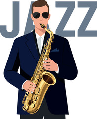 Naklejka premium Jazz musician playing saxophone in dark suit with sunglasses vector illustration 