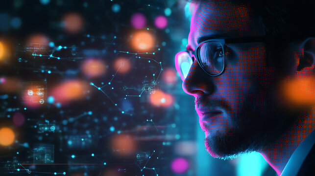 A futuristic portrait of a man in glasses looking at a glowing holographic network, representing artificial intelligence, blockchain, data analysis, and innovative technology in a digital, interconnec