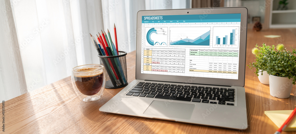 Poster spreadsheet document information financial startup concept. data and graphs in spreadsheet documents