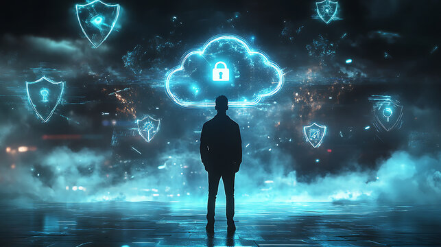 Cloud security expert stands before a holographic representation of a secured cloud with a padlock icon, symbolizing advanced cybersecurity, data protection