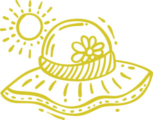 Hand Drawn Yellow Sun Hat Summer Doodle Icon With Tropical Beach Travel Element