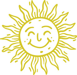 Hand Drawn Yellow Sun Face Summer Doodle Icon With Tropical Beach Travel Element