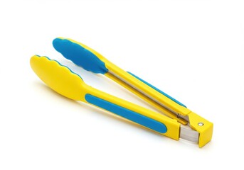 Yellow and blue kitchen tongs on a bright background