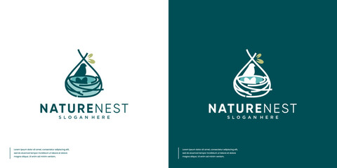 Protection symbol with bird nest concept, natural product, vector graphic template.