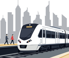 Fototapeta premium Modern white train with city skyline and pedestrians on platform vector illustration 