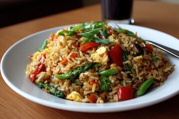 Fried rice on a white plate topped with green onions with a fork alongside