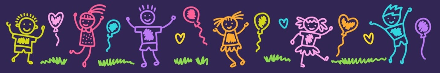 Fototapeta premium Horizontal illustration with funny kids and balloons, hand drawn in doodle style