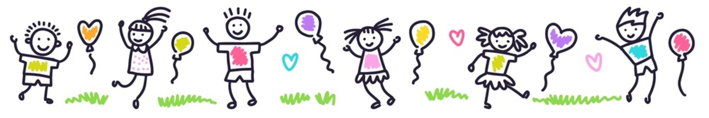 Horizontal illustration with funny kids and balloons, hand drawn in doodle style