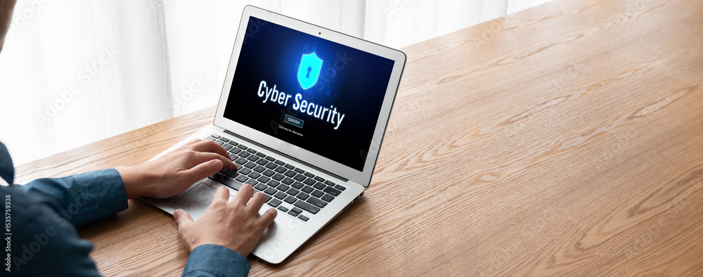 Poster cyber security system on computer screen protect private information snugly from hacker and cyber at