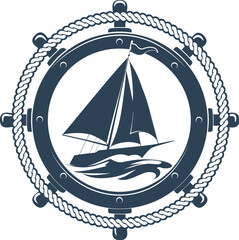 Sailboat monochrome engraving emblem