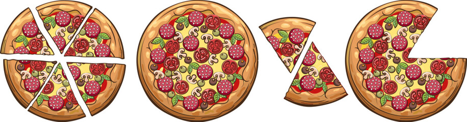 Traditional pizza whole and pieces