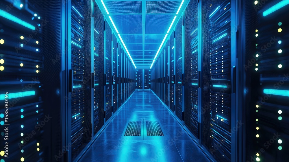Poster Futuristic 3D rendering of a glowing blue server room corridor with modern data center racks, ideal for illustrating cloud computing, cybersecurity infrastructure, or high-tech IT environments