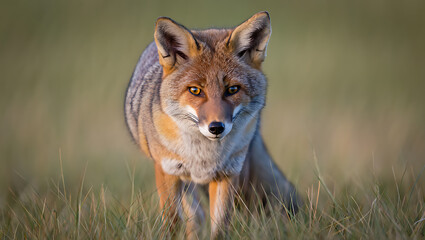 Red fox in grassland at golden hour