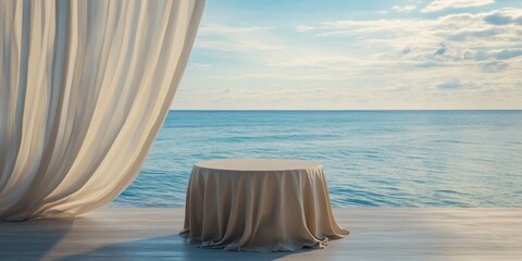 A serene ocean view with a draped table, perfect for events or relaxation. Ideal for use in hospitality, travel, and lifestyle marketing.