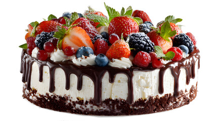 a cake a chocolate cake with strawberries blueberries and other fresh fruits