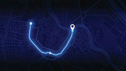 Blue GPS Route on Vienna map at Night — Navigation and Location Concept
