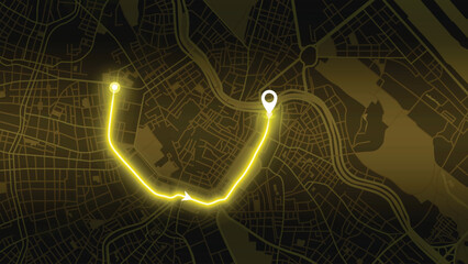Yellow GPS Route on Vienna map at Night — Navigation and Location Concept