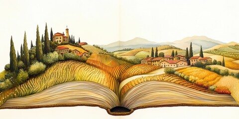 A whimsical illustration of an open book merging with a picturesque landscape of rolling hills and quaint villages, evoking stories of nature and exploration.