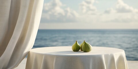 Serene coastal scene featuring a table with fresh figs, perfect for highlighting dining experiences, culinary themes, and relaxation by the sea.