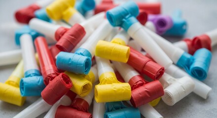 Colorful plastic party blowers scattered on a gray surface  
