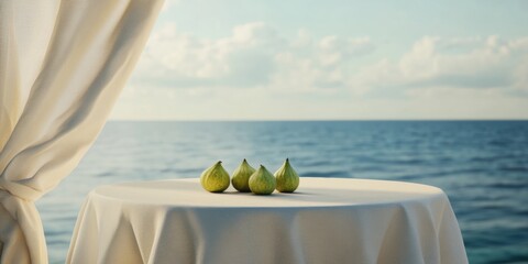 A serene seaside setting featuring a table draped in white, adorned with fresh green figs, perfect for culinary themes, relaxation, or luxury experiences by the ocean.