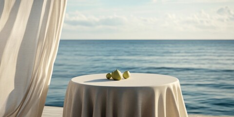 Serene coastal scene featuring a table with limes, evoking relaxation and summer vibes. Perfect for wellness, travel, or hospitality themes.