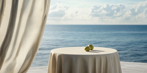 A serene seaside scene featuring a table with a soft cloth and decorative objects, perfect for evoking tranquility and relaxation in hospitality or lifestyle themes.