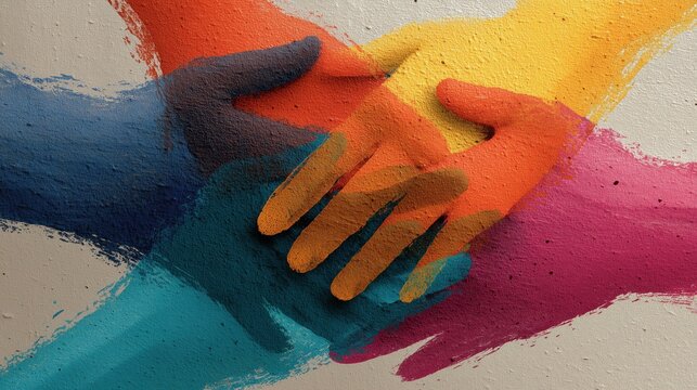 Multicolored painted hands joined together on a textured wall symbolizing unity, support and collaboration perfect for International Day of Peace visuals and human rights campaigns
