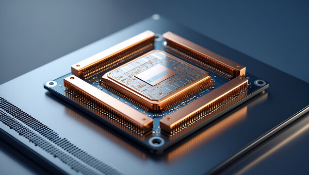 Close up view of a modern cpu processor chip in detail with copper heat sink