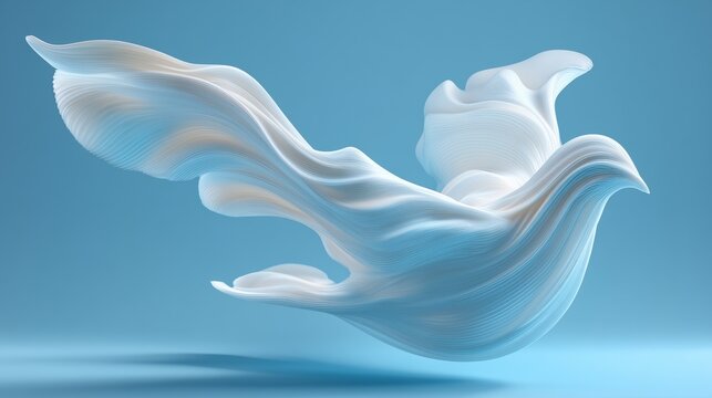 Abstract white dove made of flowing fabric shapes flying against blue background symbolizing International Day of Peace, purity, and creative modern minimalism