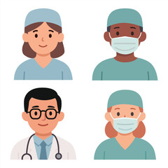 Set of smiling doctors, nurses and paramedics. Portraits of male and female medic workers in uniform with stethoscopes, masks and gloves. Flat cartoon vector illustration isolated on white background.