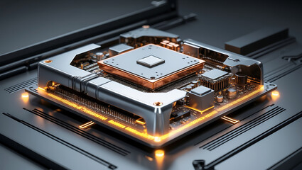 Detailed close up of a modern computer central processing unit on a circuit board