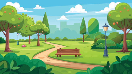 Colorful Cartoon Illustration of a Serene City Park with Winding Path and Bench © Brojendra