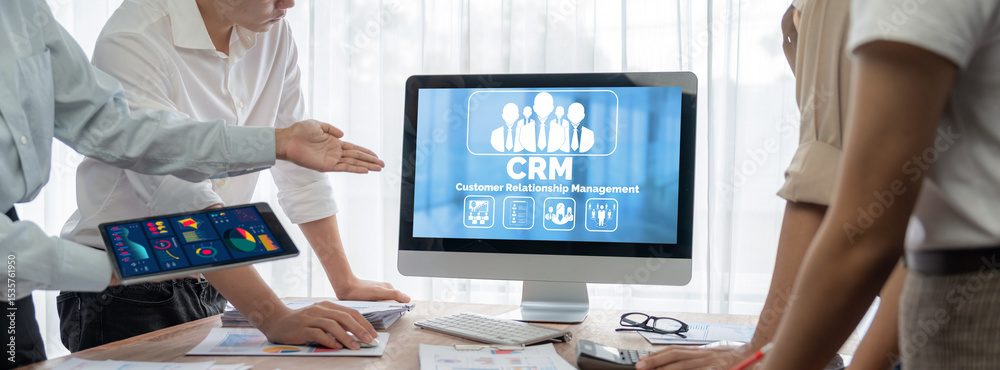 Poster customer relationship management system on brisk computer for crm business and enterprise