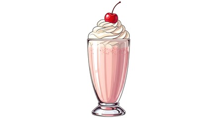Enjoying Refreshing Pink Milkshake with Whipped Cream and Cherry